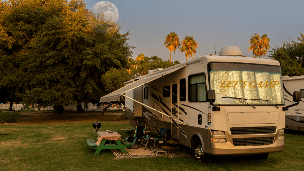 Class A motor home set for camp